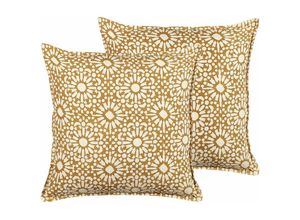 4255664801845 - Dekokissen 2er Set Beige Baumwolle 45 x 45 cm Bezug mit Füllung Reißverschluss Geometrisches Muster Boho Wohnzimmer Schlafzimmer Deko für Bett - Beige