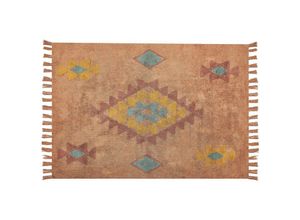 4255664802149 - Teppich Orange Baumwolle 160 x 230 cm Rechteckig Geometrisches Muster mit Fransen Boho Stil Handgetuftet für Wohnzimmer Schlafzimmer Flur