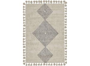 4255664802576 - Beliani - Teppich Beige Baumwolle Rechteckig 160 x 230 cm Geometrisches Muster Fransen Handgetuftet Boho Kurzhaar Fußbodenheizung Geeignet Wohnzimmer