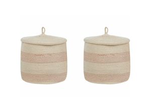 4255664803894 - Set aus 2 Aufbewahrungskörben Hellbeige und Rosa Baumwolle gestreift mit Deckel Boho Accessoires - Beige