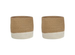 4255664804082 - Beliani - Aufbewahrungskorb 2er Set Naturfarben u Weiß Jute Baumwolle Rund Boho Stil Textilkorb für Wohnzimmer Schlafzimmer Kinderzimmer - Beige