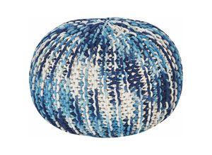 4255664805232 - Pouf Weiß und Blau Baumwolle ⌀ 50 cm Rund Gefochten Gestrickt Strickhocker Strickpouf Boho für Wohnzimmer Schlafzimmer Deko Haushalt Wohnen - Weiß