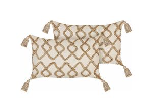 4255664805317 - Beliani - Dekokissen 2er Set Beige Baumwolle und Jute 35 x 55 cm Bezug mit Füllung Reißverschluss Strukturiert Geometrisches Muster Boho Wohnzimmer