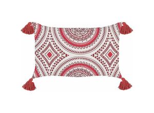 4255664805348 - Beliani - Dekokissen Rot und Weiß Baumwolle 35 x 55 cm Bezug mit Füllung Reißverschluss Quasten Orientalisches Muster Retro Wohnzimmer Schlafzimmer