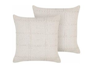 4255664805966 - Beliani - Dekokissen 2er Set Beige Baumwolle 45 x 45 cm Bezug mit Füllung Reißverschluss Geometrisches Muster Boho Modern Wohnzimmer Schlafzimmer Deko