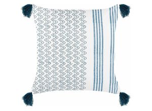 4255664806222 - Dekokissen Weiß und Blau Baumwolle 45 x 45 cm Bezug mit Füllung Reißverschluss Quasten Geometrisches Muster Boho Modern Wohnzimmer Schlafzimmer - Weiß