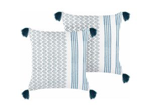 4255664806239 - Beliani - Dekokissen 2er Set Weiß und Blau Baumwolle 45 x 45 cm Bezug mit Füllung Reißverschluss Quasten Geometrisches Muster Boho Modern Wohnzimmer