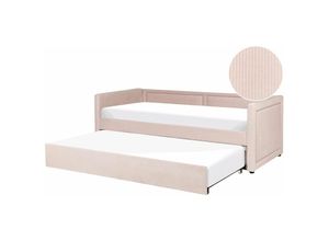 4255664806284 - Tagesbett Pastellrosa Cord 90 x 200 cm Doppelbett Ausziehbar mit Lattenrost Nieten Jugendbett Modern Glamour Schlafzimmer Wohnzimmer