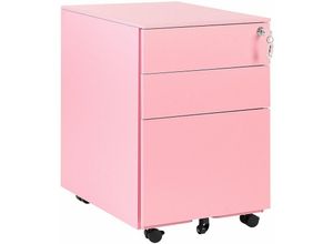 4255664806598 - Aktenschrank Rosa Metall auf Rollen mit 3 Schubladen Abschließbar Multifunktional Wohnzimmer Büro Arbeitszimmer Schlafzimmer Diele