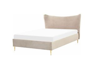 4255664807113 - Polsterbett Taupe aus Samt 140 x 200 cm mit Goldenen Metallbeinen Hohes Kopfteil Modern Elegant für Schlafzimmer