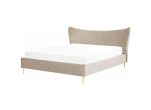 4255664807137 - Polsterbett Taupe aus Samt 180 x 200 cm mit Goldenen Metallbeinen Hohes Kopfteil Modern Elegant für Schlafzimmer