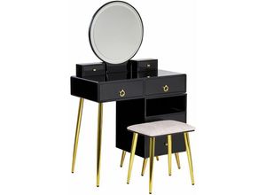 4255664807564 - Beliani - Schminktisch Schwarz und Gold MDF-Platte mit Metallbeinen Rundem LED-Spiegel 6 Schubladen Hocker Glamour für Schlafzimmer Jugendzimmer