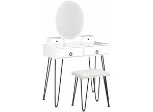 4255664807571 - Schminktisch Weiß und Schwarz MDF-Platte mit Metallbeinen Ovalem LED-Spiegel USB-Port 4 Schubladen Hocker Glamour für Schlafzimmer Jugendzimmer