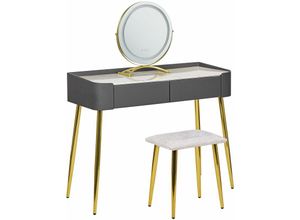 4255664807601 - Schminktisch Grau und Gold MDF-Platte mit Metallbeinen Rundem LED-Spiegel 2 Schubladen Hocker Glamour für Erwachsene Schlafzimmer Jugendzimmer - Grau