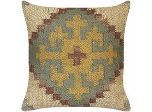 4255664810427 - Beliani - Mehrfarbiges Kissen aus Jute und Wolle 45 x 45 cm Orientalisches Muster Kilim-Stil - Grün