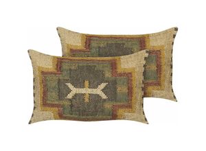 4255664810502 - Beliani - Dekokissen 2er Set Mehrfarbig Jute u Wolle 30x50 cm Rechteckig mit Polyester-Füllung Muster Orientalisch Geometrisch für Wohnzimmer Deko
