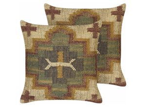 4255664810519 - Beliani - Dekokissen 2er Set Mehrfarbig Jute u Wolle 45x45 cm Quadratisch mit Polyester-Füllung Muster Orientalisch Geometrisch für Wohnzimmer Deko