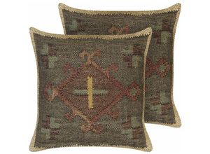 4255664810731 - Beliani - Set Streukissen Grün aus Jute und Wolle 45 x 45 cm Orientalisches Muster im Kilim-Stil verwaschene Farben - Grün