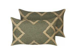 4255664810748 - 2-teiliges Kissen-Set Grün und Beige aus Jute und Wolle 30 x 50 cm mit geometrischem Muster verwaschene Farben - Grün