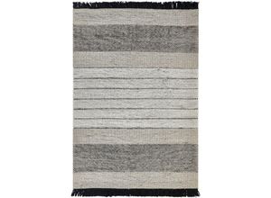 4255664811028 - Teppich Beige   Schwarz Wolle 140 x 200 cm Rechteckig Handgewebt Streifenmuster Kurzflor mit Fransen Boho Wohnzimmer Schlafzimmer Esszimmer