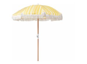 4255664811974 - Beliani - Sonnenschirm Gelb Stoff-Bespannung Rund ⌀ 150 cm mit Volant Regenschutz Holzmast Neigungsfunktion Kurbel Boho Garten Outdoor Balkon Terrasse