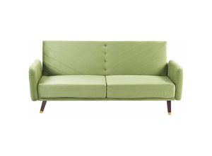 4255664813848 - Beliani - Sofa Olivgrün Samtstoff 3-Sitzer mit Schlaffunktion Armlehnen Holzbeinen Retro Glamourös Wohnzimmer Couch Schlafsofa - Dunkler Holzfarbton