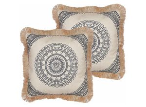 4255664818744 - Beliani - Dekokissen 2er Set Beige   Schwarz 45 x 45 cm Quadratisch mit Fransen Orientalisches Muster Boho Modern Wohnaccessoires Deko für Sofa Couch