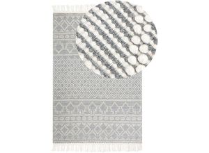 4255664820952 - Flächenteppich Beige und Grau Wolle 160 x 230 cm Geometrisches Muster mit Fransen handgewebtes Wohnzimmer Schlafzimmer Boho Modern