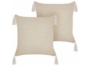 4255664821294 - Beliani - 2er Set Streukissen Hellbeige 42 x 42 cm Wurfkissen mit geometrischen Mustern Fransen Abnehmbarer Bezug mit Füllung - Beige