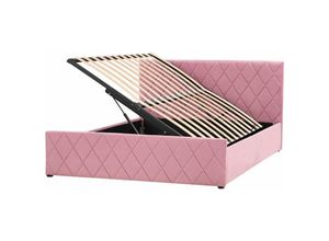 4255664822079 - Bett Rosa Samtstoff mit Lattenrost 140 x 200 cm Kopfteil Bettkasten Hochklappbar Modern Glamourös Doppelbett Schlafzimmer Möbel Ausstattung