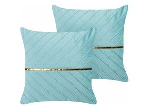 4255664822161 - Dekokissen 2er Set in Hellblau aus Samt 45 x 45 cm Quadratisch Goldener Streifen Modern Edel Elegant für Wohnzimmer Schlafzimmer Sessel - Blau