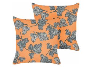 4255664822185 - Beliani - Dekokissen 2er Set Orange 45 x 45 cm Quadratisch mit Blätter Motiv Blattmuster Modern für Wohnzimmer Schlafzimmer Bett Sessel - Orange