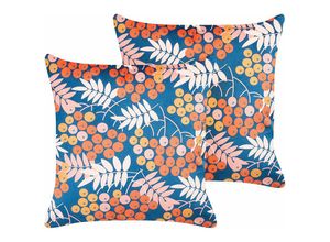 4255664822192 - Dekokissen 2er Set in Blau aus Samt 45 x 45 cm Quadratisch Pflanzen Motiv Blumenmuster Modern Edel Elegant für Wohnzimmer Schlafzimmer Sessel - Bunt