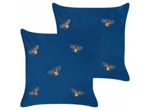 4255664822291 - Beliani - Dekokissen 2er Set Blau Samtstoff 45 x 45 cm Quadratisch mit Stickerei Bienenmotiv Reißverschluss Modern Glam Wohnzimmer Schlafzimmer Deko