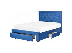 4255664822581 - Beliani - Polsterbett Blau Samtstoff 3 Schubladen Lattenrost 140 x 200 cm mit Hohem Kopfteil im Chesterfield Stil Knopfheftung Glamourös Schlafzimmer