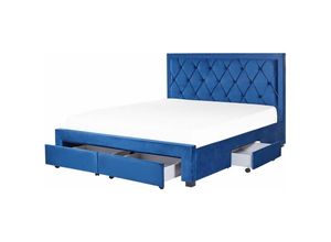 4255664822598 - Beliani - Polsterbett Blau Samtstoff 4 Schubladen Lattenrost 180 x 200 cm mit Hohem Kopfteil im Chesterfield Stil Knopfheftung Glamourös Schlafzimmer