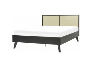 4255664826671 - Bett Schwarz Pappel-Faserplatte mit Lattenrost 140 x 200 cm Holzbeinen Hohem Kopfteil aus Wiener Geflecht Modern Schlafzimmer Möbel Doppelbett