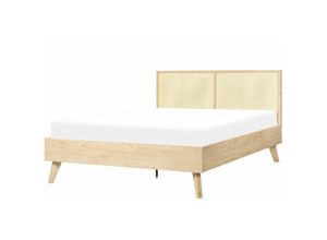 4255664826695 - Beliani - Bett Heller Holzfarbton Pappel-Faserplatte mit Lattenrost 140 x 200 cm Holzbeinen Hohem Kopfteil aus Wiener Geflecht Modern Schlafzimmer