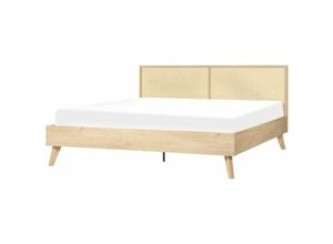 4255664826718 - Bett Heller Holzfarbton Pappel-Faserplatte mit Lattenrost 180 x 200 cm Holzbeinen Hohem Kopfteil aus Wiener Geflecht Modern Schlafzimmer Möbel