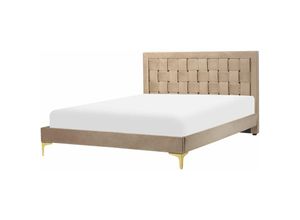 4255664828118 - Bett Taupe Samtstoff mit Lattenrost 140 x 200 cm Hohes Kopfteil Goldenes Metallgestell Modern Glamourös Doppelbett Ehebett Schlafzimmer Möbel