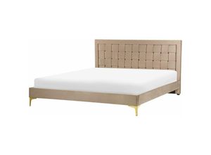 4255664828125 - Bett Taupe Samtstoff mit Lattenrost 160 x 200 cm Hohes Kopfteil Goldenes Metallgestell Modern Glamourös Doppelbett Ehebett Schlafzimmer Möbel