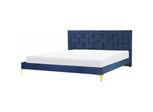 4255664828194 - Bett Marineblau Samtstoff mit Lattenrost 180 x 200 cm Hohes Kopfteil Goldenes Metallgestell Modern Glamourös Doppelbett Ehebett Schlafzimmer