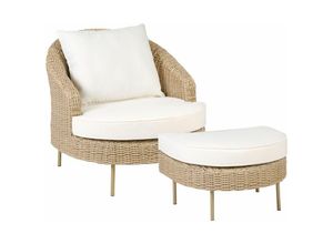 4255664828774 - Beliani - Gartensessel mit Fußhocker Naturfarbener Farbton Weiße Kissen pe Rattan Boho Design Outdoor Sitzmöbel - Natürlich