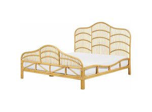 4255664829351 - Beliani - Bett Hellbraun Rattan und Mahagoniholz mit Lattenrost 160 x 200 cm Hohes Kopf- und Fußteil Boho Doppelbett Schlafzimmer Ausstattung Möbel