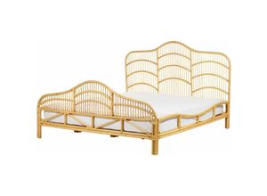 4255664829368 - Beliani - Bett Hellbraun Rattan und Mahagoniholz mit Lattenrost 180 x 200 cm Hohes Kopf- und Fußteil Boho Doppelbett Schlafzimmer Ausstattung Möbel