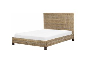 4255664829375 - Bett Natürlich Rattan und Mahagoniholz mit Lattenrost 140 x 200 cm Hohes Kopfteil Boho Doppelbett Schlafzimmer Ausstattung Möbel