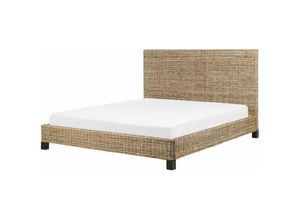 4255664829399 - Bett Natürlich Rattan und Mahagoniholz mit Lattenrost 180 x 200 cm Hohes Kopfteil Boho Doppelbett Schlafzimmer Ausstattung Möbel