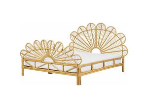 4255664829412 - Beliani - Bett Hellbraun Rattan und Mahagoniholz mit Lattenrost 160 x 200 cm Hohes Kopf- und Fußteil Pfauform Boho Doppelbett Schlafzimmer Ausstattung