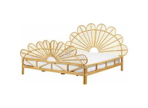 4255664829429 - Bett Hellbraun Rattan und Mahagoniholz mit Lattenrost 180 x 200 cm Hohes Kopf- und Fußteil Pfauform Boho Doppelbett Schlafzimmer Ausstattung