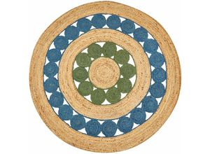 4255664830524 - Beliani - Teppich Blau und Grün Rund 140 cm Rustikaler Boho Spirale Geflochtene Handgefertigt Natur Jute Schlafzimmer Wohnzimmer